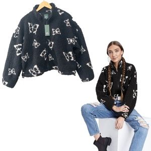 NWT Wild Fable Black Butterfly Print Full Zip Sherpa Fleece Jacket - Size L